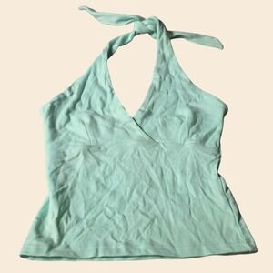 Vintage Y2K Energie Halter Neck Top Medium Mint Green Cotton V Neck Sleeveless